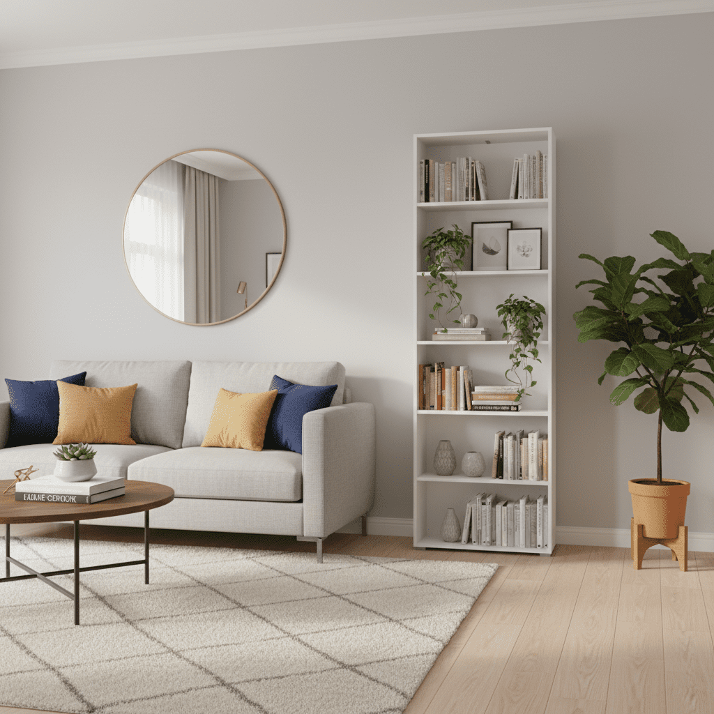 Amos Mann Furniture Thomas white slim tall bookcase in a modern living room setting