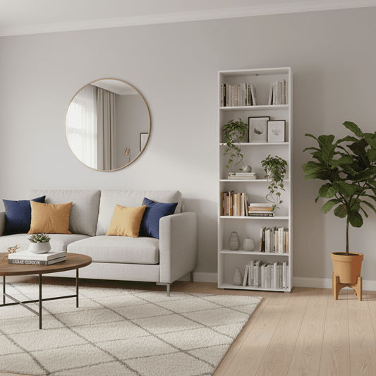 Amos Mann Furniture Thomas white slim tall bookcase in a modern living room setting
