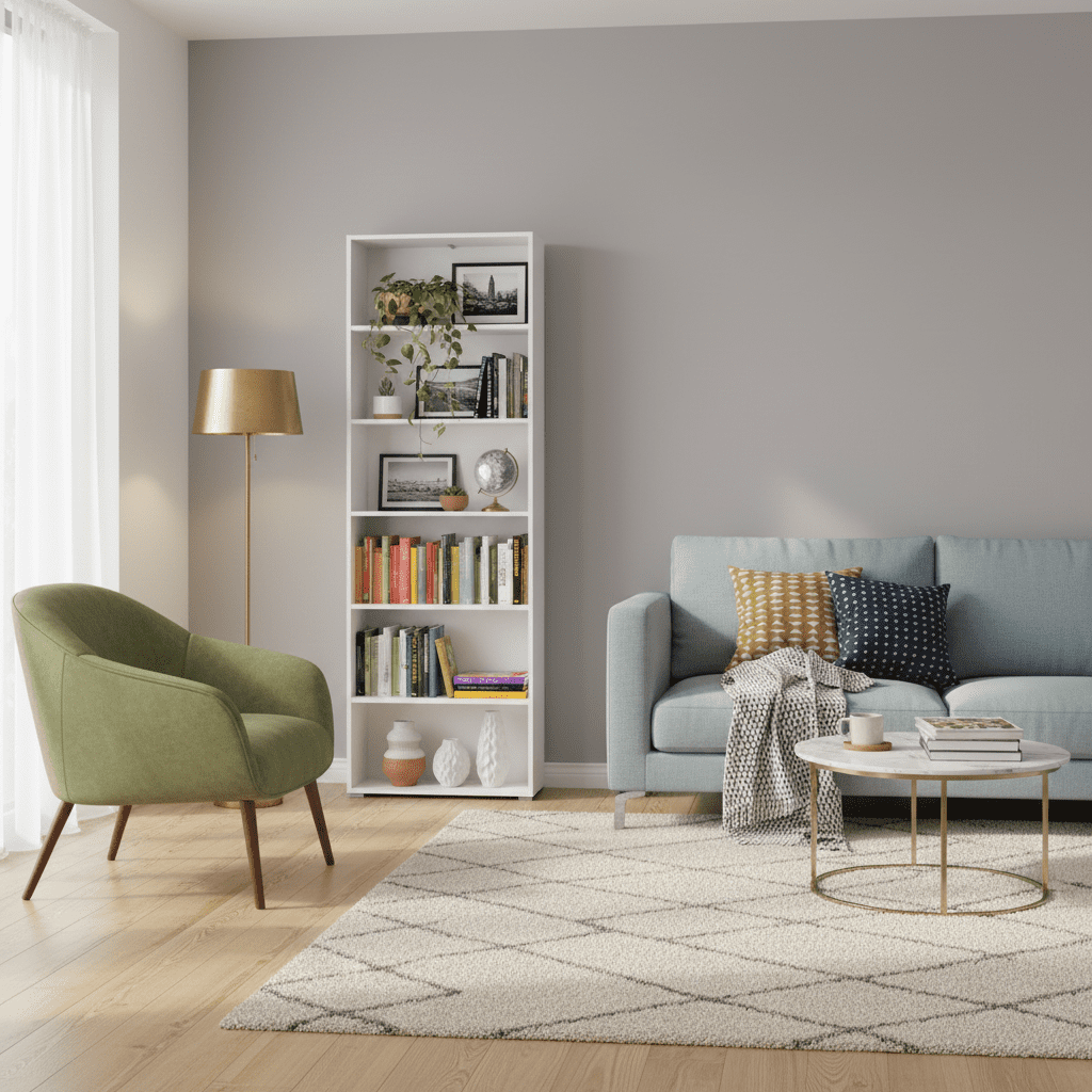 Amos Mann Furniture Thomas white slim tall bookcase in a modern living room setting