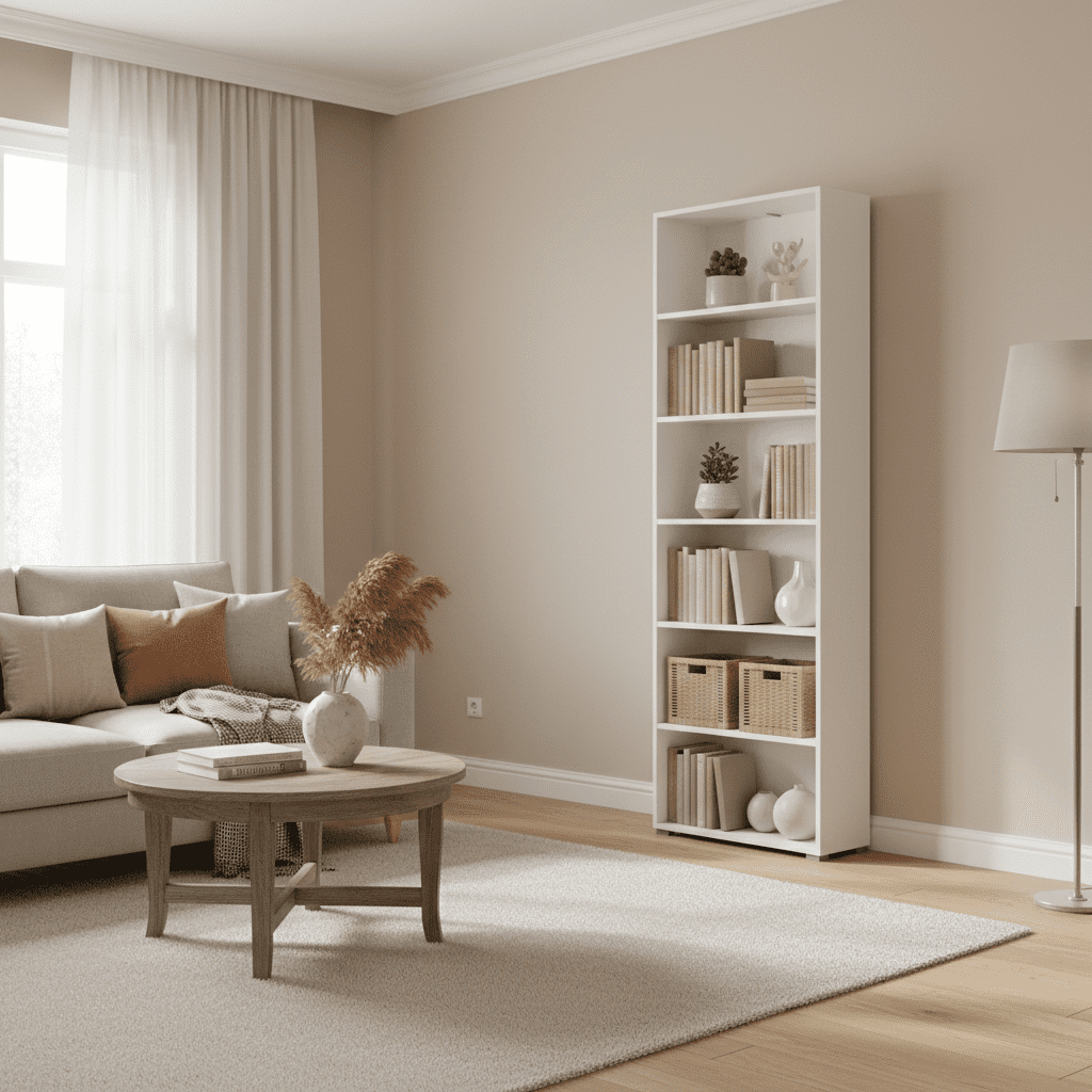 Amos Mann Furniture Thomas white slim tall bookcase in a modern living room setting