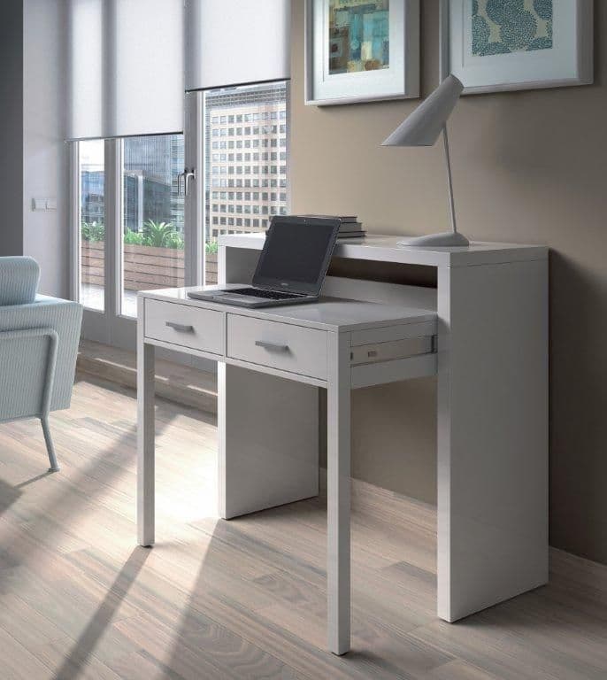 Amos Mann Furniture Turin artic white extending desk in a modern bedroom setting