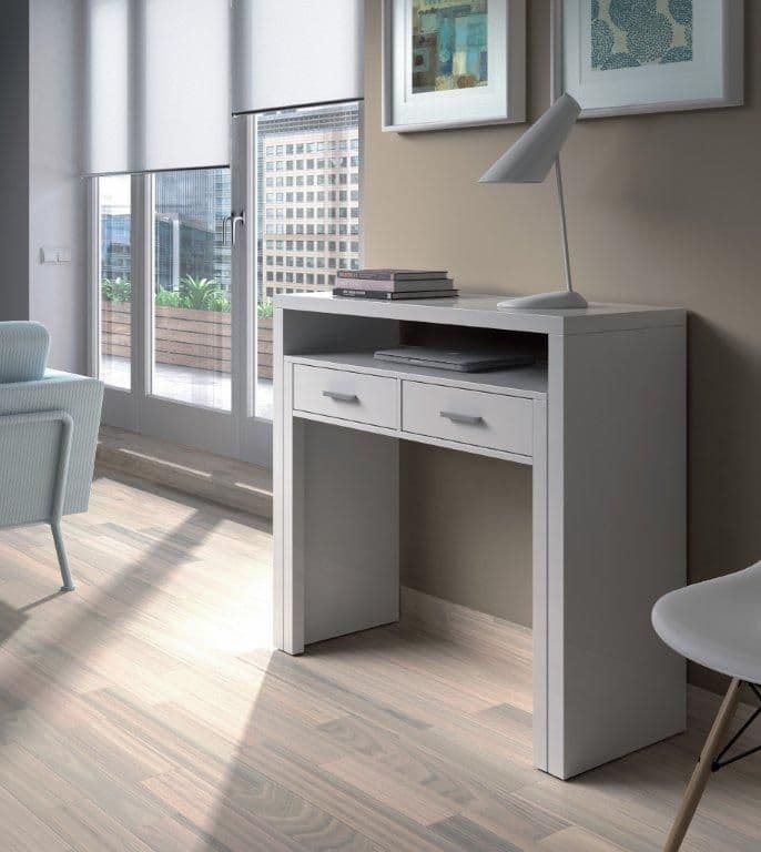 Amos Mann Furniture Turin artic white extending desk in a modern bedroom setting