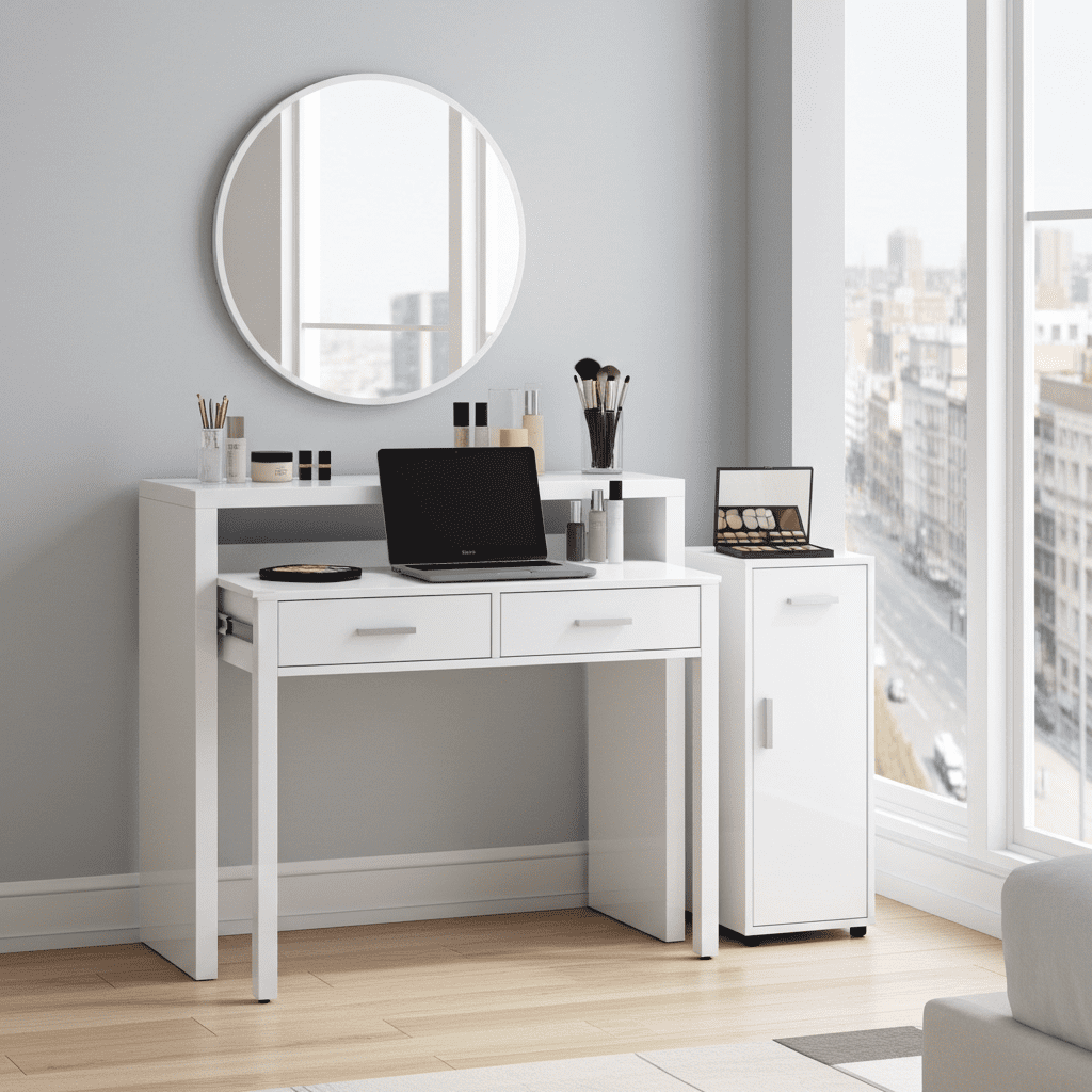 Amos Mann Furniture Turin artic white extending desk in a modern bedroom setting
