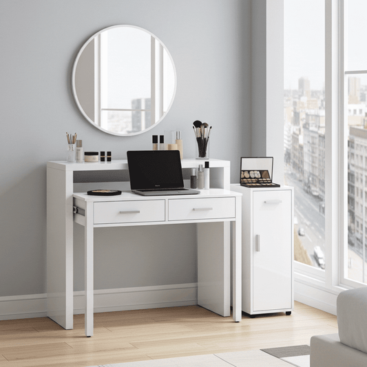 Amos Mann Furniture Turin artic white extending desk in a modern bedroom setting