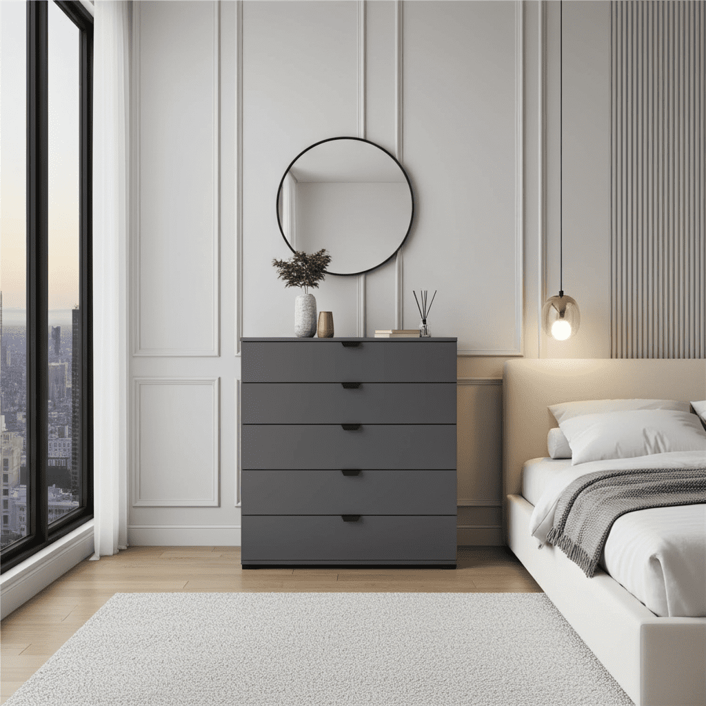 Amos Mann Furniture Valentina graphite grey chest of drawers in a modern bedroom setting