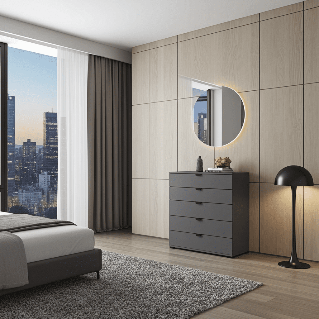 Amos Mann Furniture Valentina graphite grey chest of drawers in a modern bedroom setting