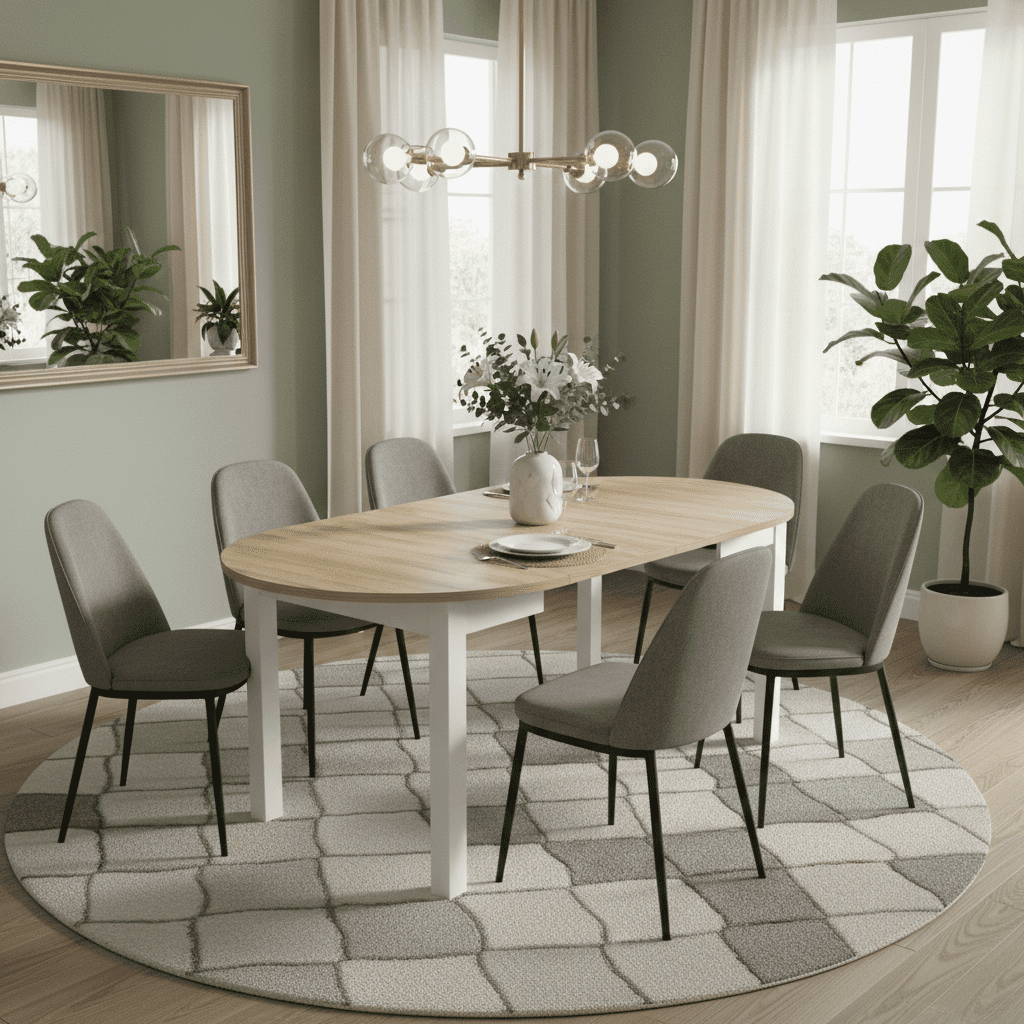 	Lifestyle view of Amos Mann Furniture Wiktor white and oak round extending dining table in a stylish contemporary dining room