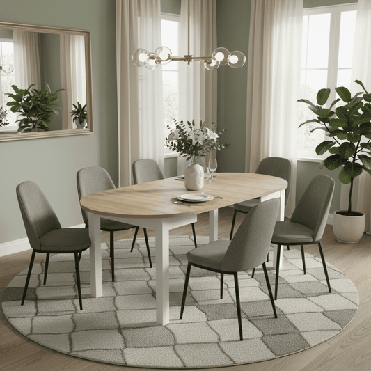 	Lifestyle view of Amos Mann Furniture Wiktor white and oak round extending dining table in a stylish contemporary dining room