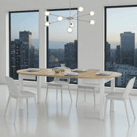 	Lifestyle view of Amos Mann Furniture Wiktor white and oak round extending dining table in a stylish contemporary dining room