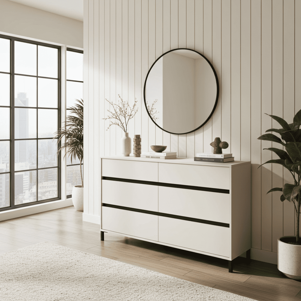 Amos Mann Furniture Zavaro cashmere wide chest of drawers in a modern bedroom setting