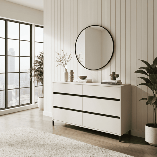 Amos Mann Furniture Zavaro cashmere wide chest of drawers in a modern bedroom setting