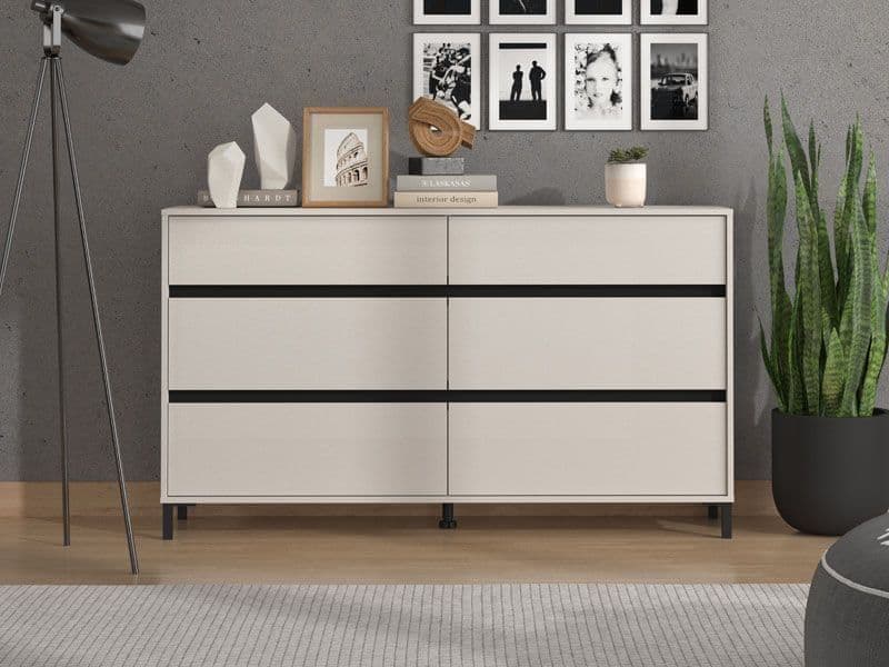 Amos Mann Furniture Zavaro cashmere wide chest of drawers in a modern bedroom setting