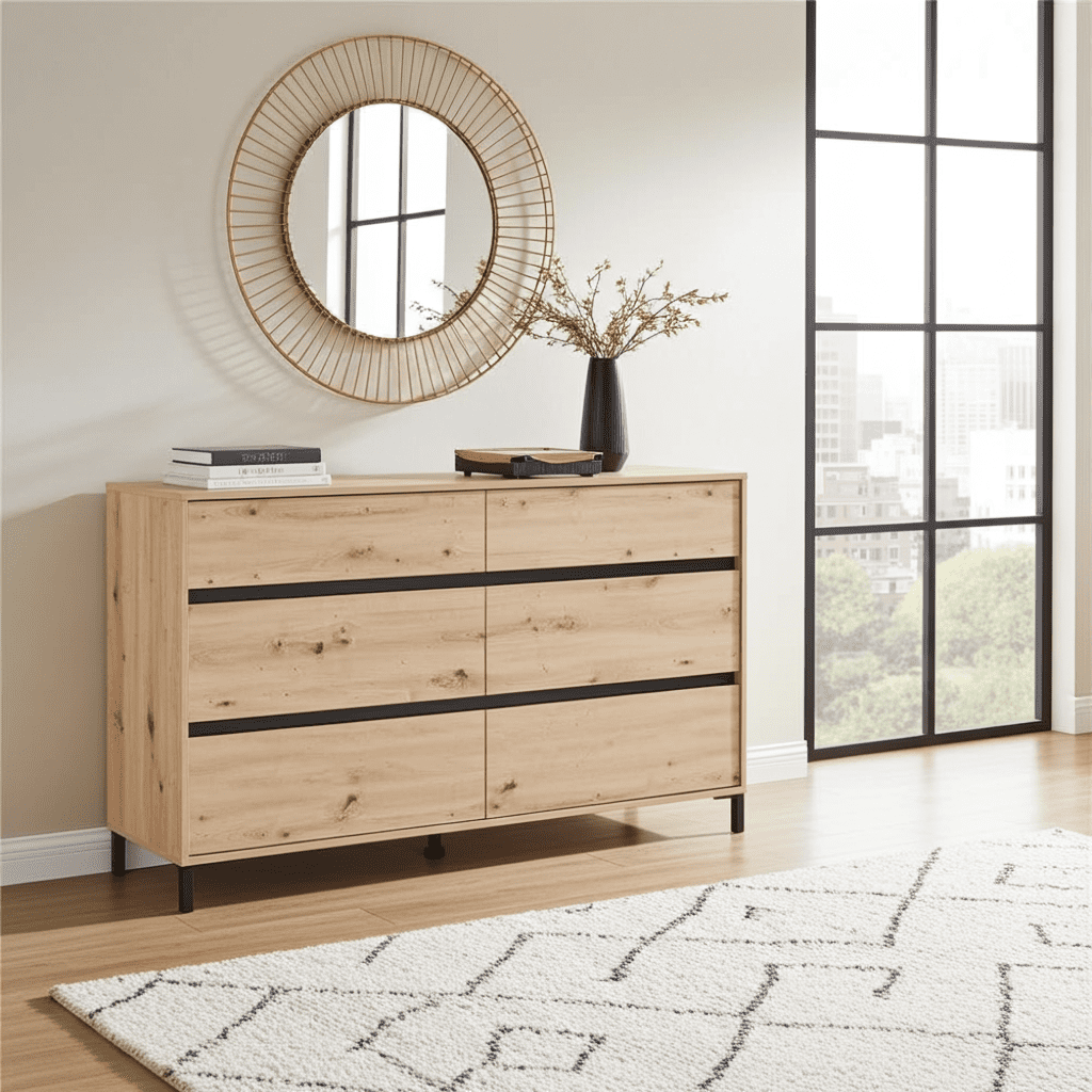 Amos Mann Furniture Zavaro oak chest styled with room accessories